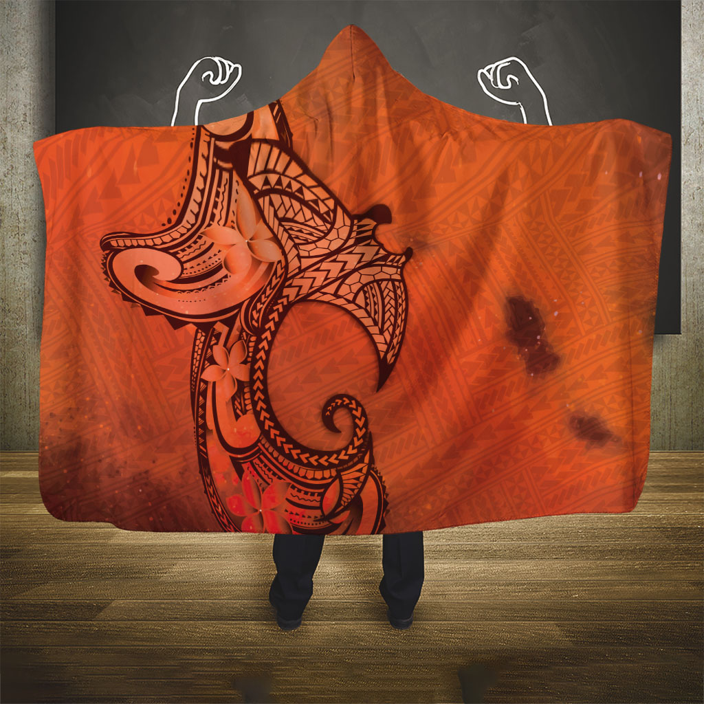Polynesia Manta Ray Tattoo Hooded Blanket Tropical Plumeria Orange Polynesian Pattern