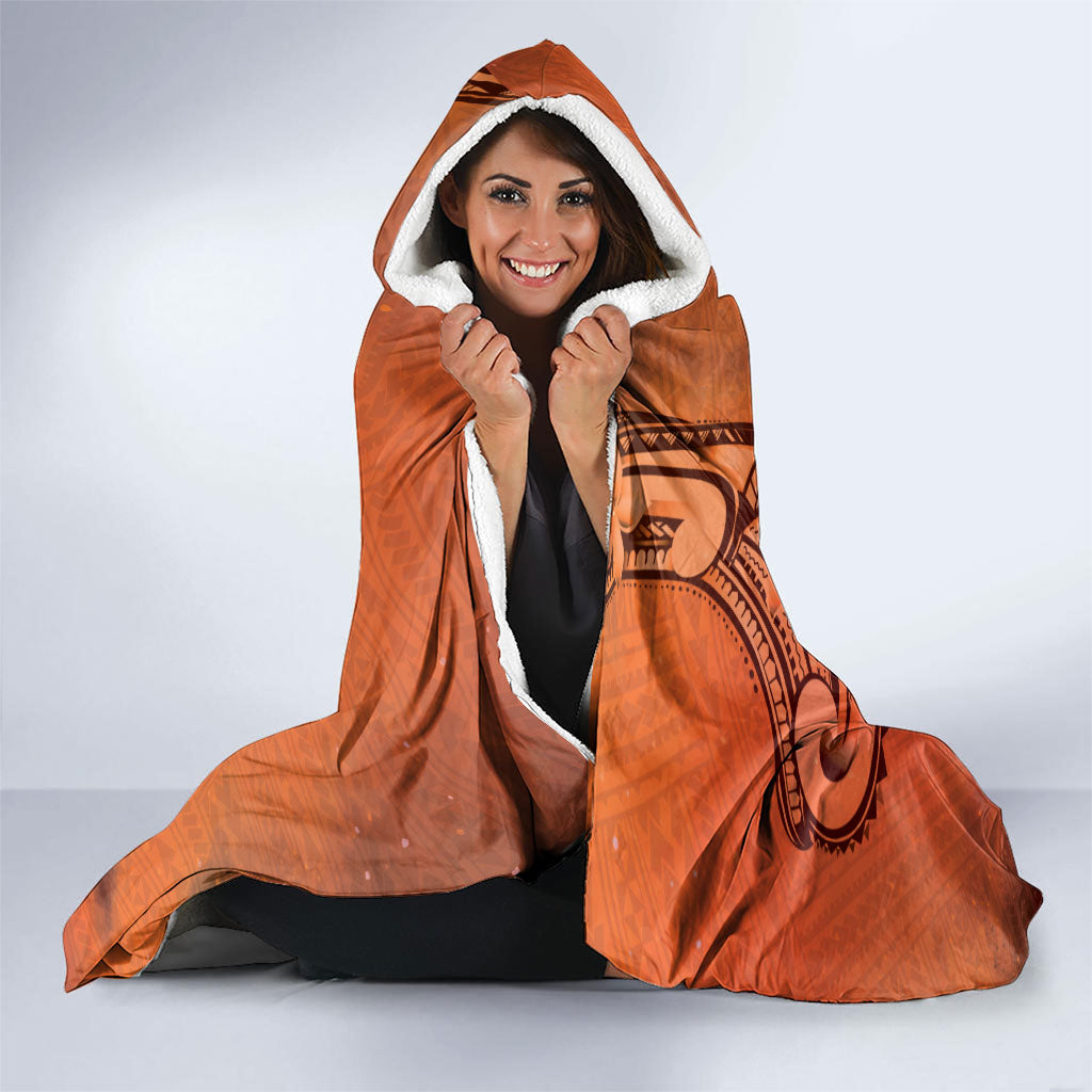 Polynesia Manta Ray Tattoo Hooded Blanket Tropical Plumeria Orange Polynesian Pattern