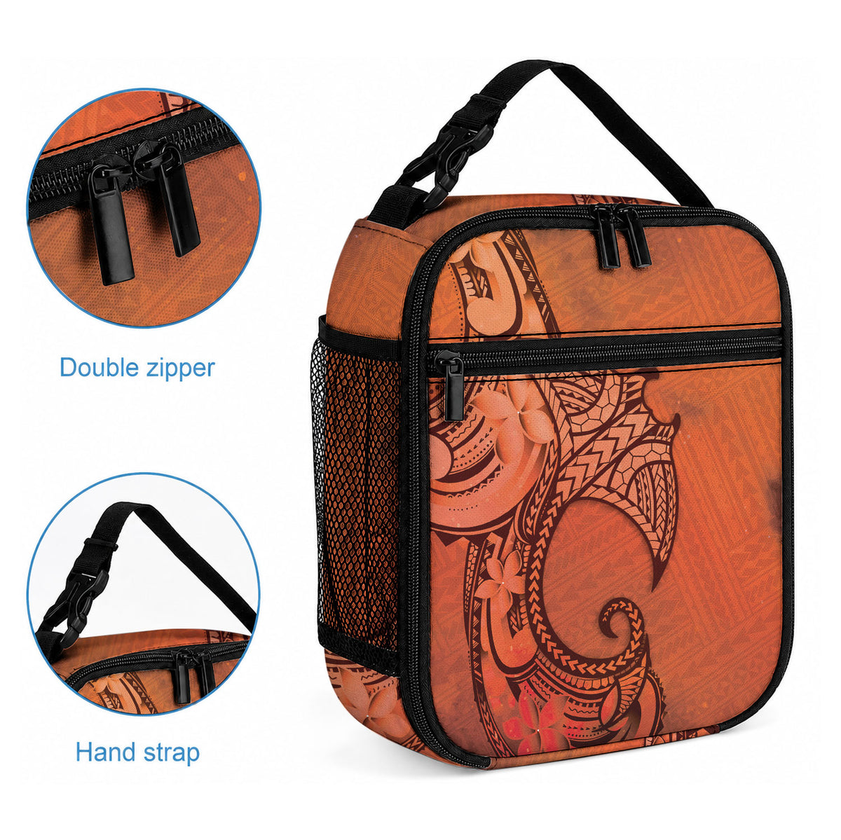 Polynesia Manta Ray Tattoo Lunch Bag Tropical Plumeria Orange Polynesian Pattern