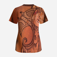 Polynesia Manta Ray Tattoo Scrub Top Tropical Plumeria Orange Polynesian Pattern LT14 - Polynesian Pride