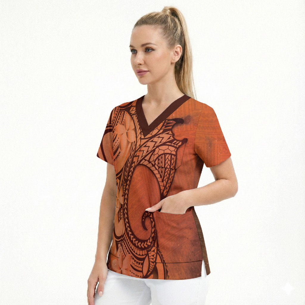 Polynesia Manta Ray Tattoo Scrub Top Tropical Plumeria Orange Polynesian Pattern LT14 - Polynesian Pride