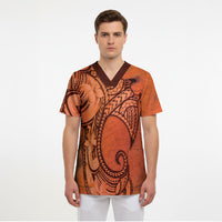 Polynesia Manta Ray Tattoo Scrub Top Tropical Plumeria Orange Polynesian Pattern LT14 - Polynesian Pride