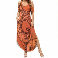 Polynesia Manta Ray Tattoo Summer Maxi Dress Tropical Plumeria Orange Polynesian Pattern LT14 Women Orange - Polynesian Pride