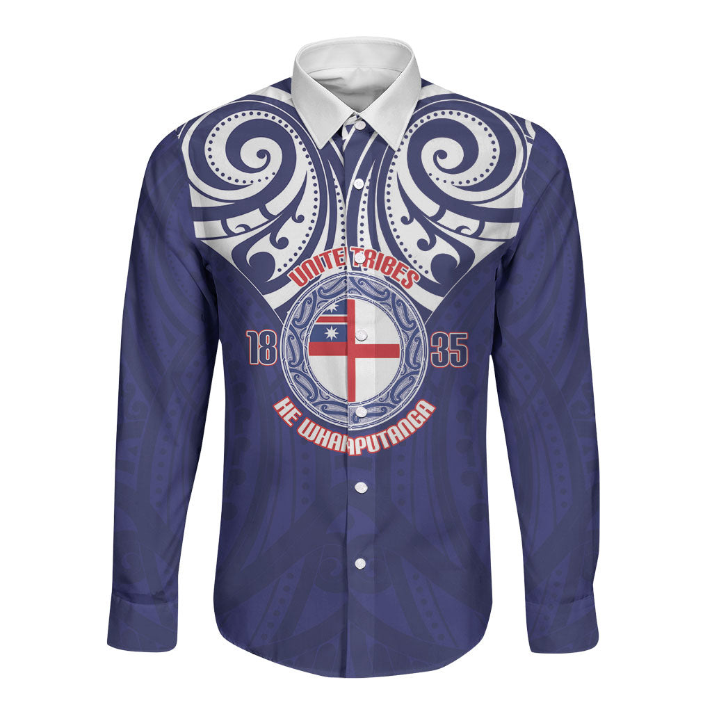 New Zealand United Tribes Te Kara Long Sleeve Button Shirt He Whakaputanga Maori Pattern LT14 Unisex Blue - Polynesian Pride