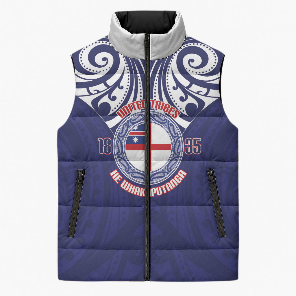 New Zealand United Tribes Te Kara Sleeveless Puffer Jacket He Whakaputanga Maori Pattern LT14 Unisex Blue - Polynesian Pride