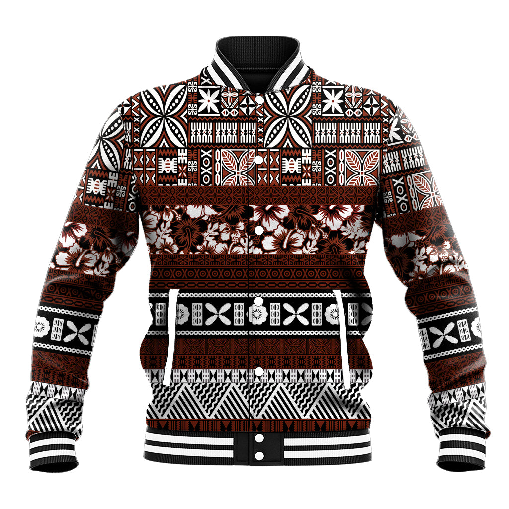 Bula Fiji Baseball Jacket Fijian Tapa Masi With Hibiscus Flowers LT14 Unisex Brown - Polynesian Pride