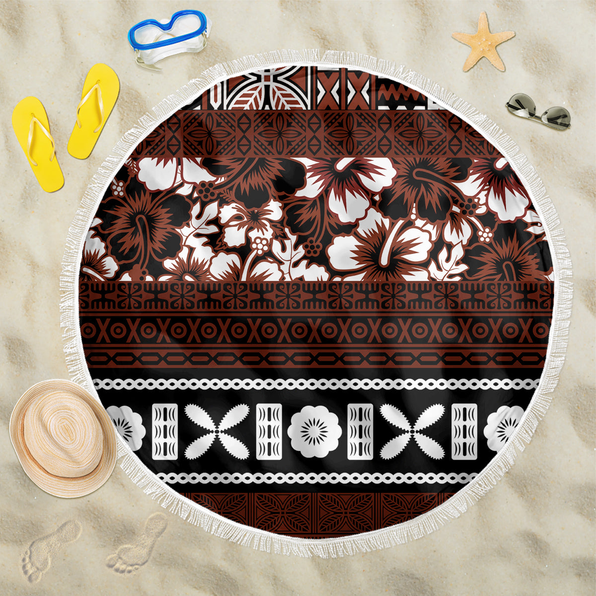 Bula Fiji Beach Blanket Fijian Tapa Masi With Hibiscus Flowers LT14 One Size 150cm Brown - Polynesian Pride