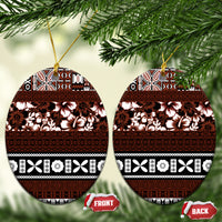 Bula Fiji Ceramic Ornament Fijian Tapa Masi With Hibiscus Flowers LT14 Oval Brown - Polynesian Pride