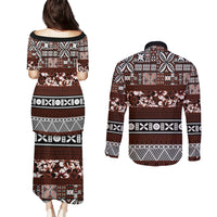 Bula Fiji Couples Matching Puletasi Dress and Long Sleeve Button Shirt Fijian Tapa Masi With Hibiscus Flowers LT14 - Polynesian Pride