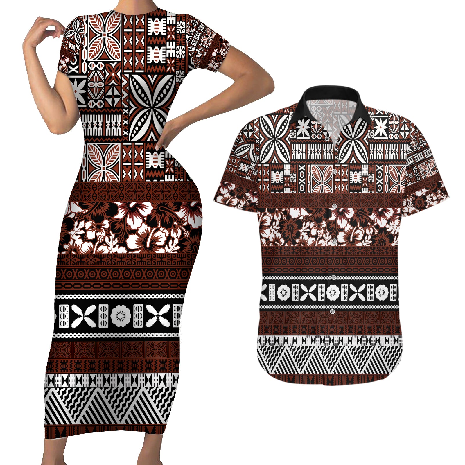 Bula Fiji Couples Matching Short Sleeve Bodycon Dress and Hawaiian Shirt Fijian Tapa Masi With Hibiscus Flowers LT14 Brown - Polynesian Pride