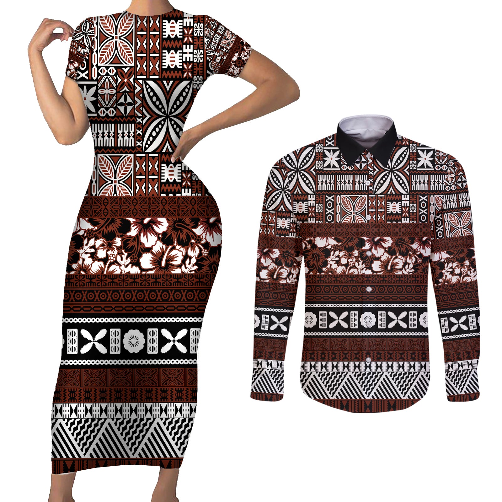 Bula Fiji Couples Matching Short Sleeve Bodycon Dress and Long Sleeve Button Shirt Fijian Tapa Masi With Hibiscus Flowers LT14 Brown - Polynesian Pride