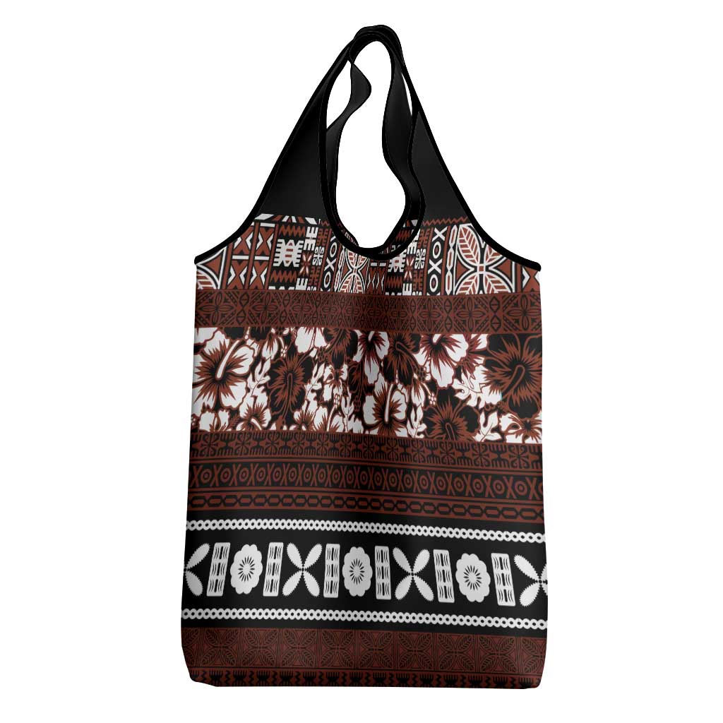 Bula Fiji Grocery Bag Fijian Tapa Masi With Hibiscus Flowers