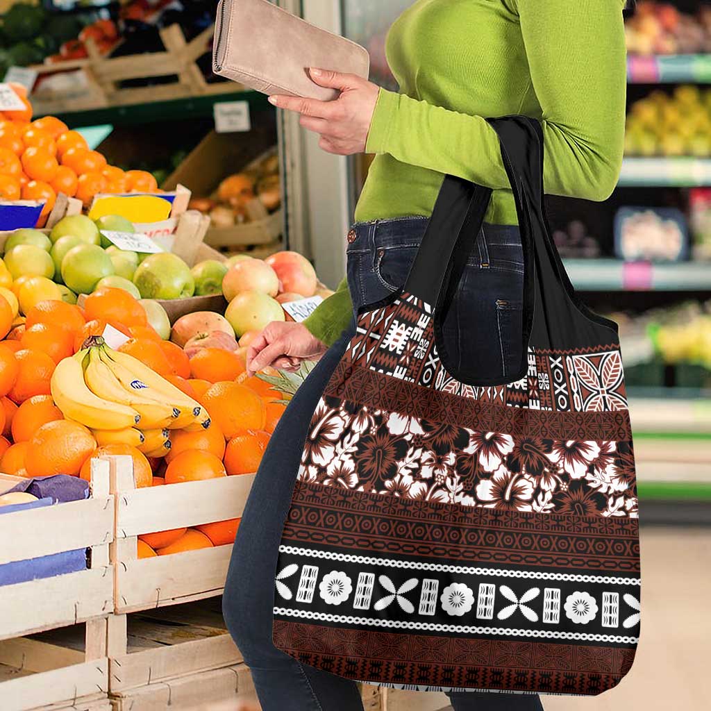 Bula Fiji Grocery Bag Fijian Tapa Masi With Hibiscus Flowers