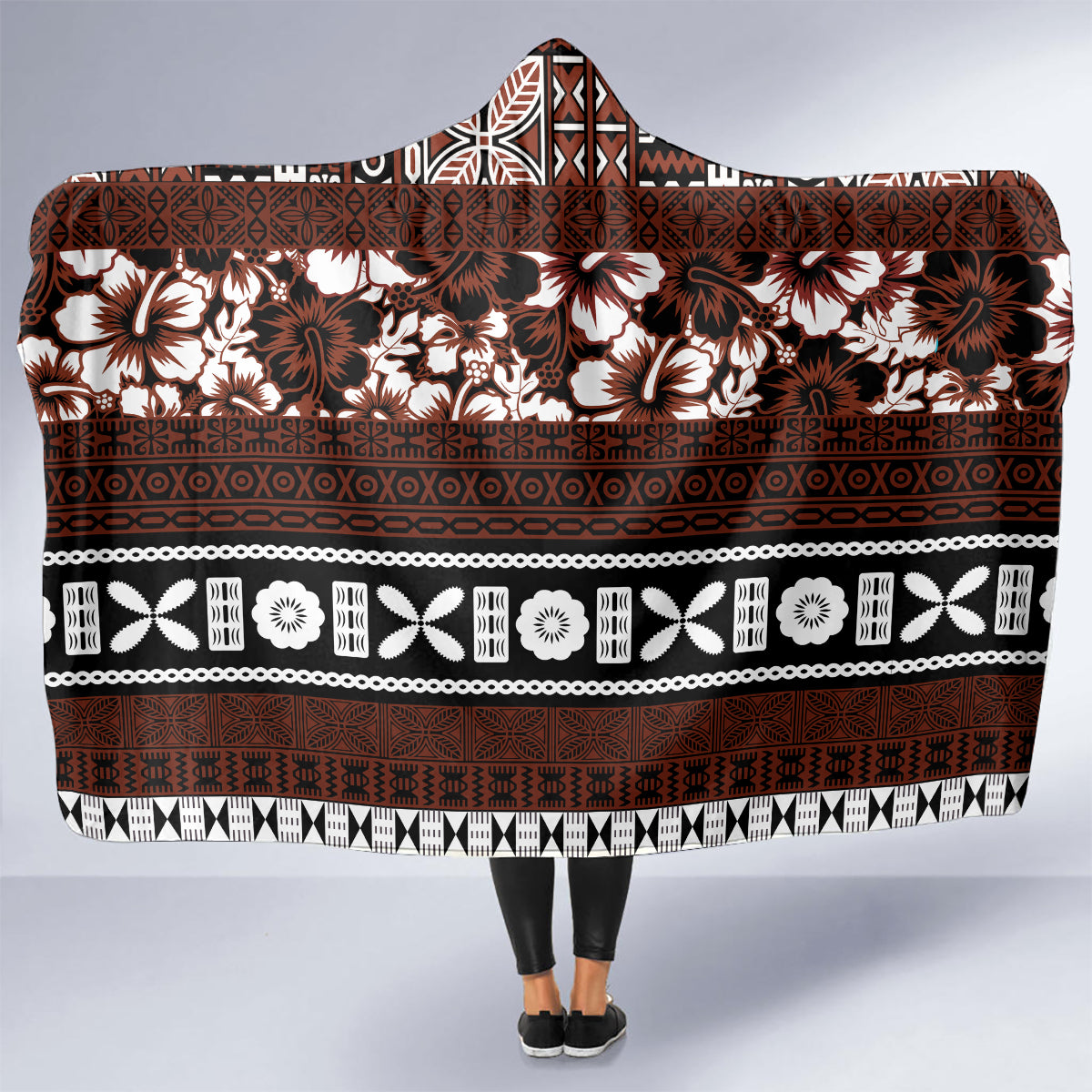 Bula Fiji Hooded Blanket Fijian Tapa Masi With Hibiscus Flowers LT14 - Polynesian Pride