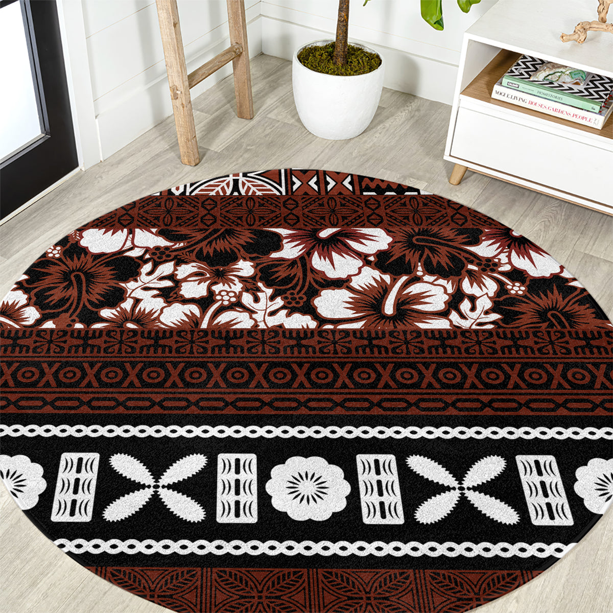 Bula Fiji Round Carpet Fijian Tapa Masi With Hibiscus Flowers LT14 Brown - Polynesian Pride