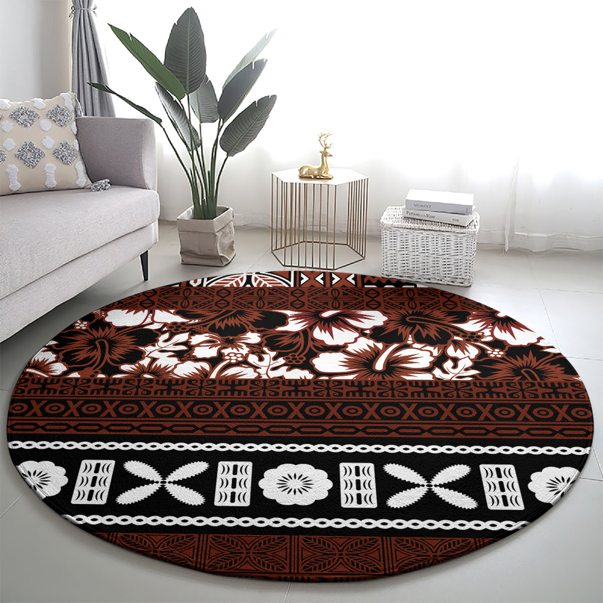 Bula Fiji Round Carpet Fijian Tapa Masi With Hibiscus Flowers LT14 - Polynesian Pride