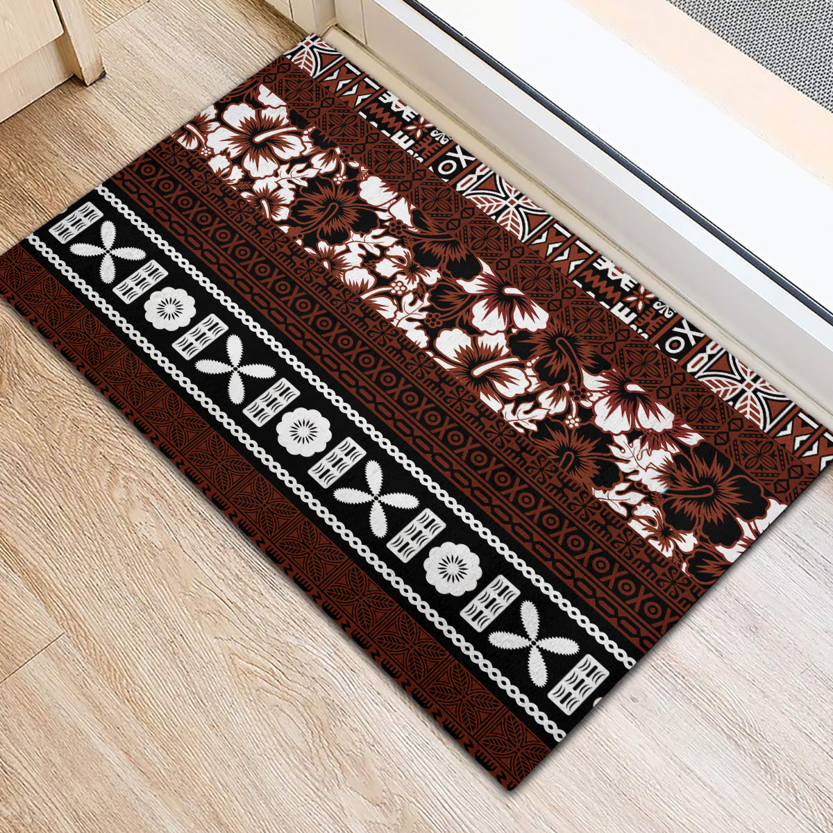 Bula Fiji Rubber Doormat Fijian Tapa Masi With Hibiscus Flowers LT14 - Polynesian Pride