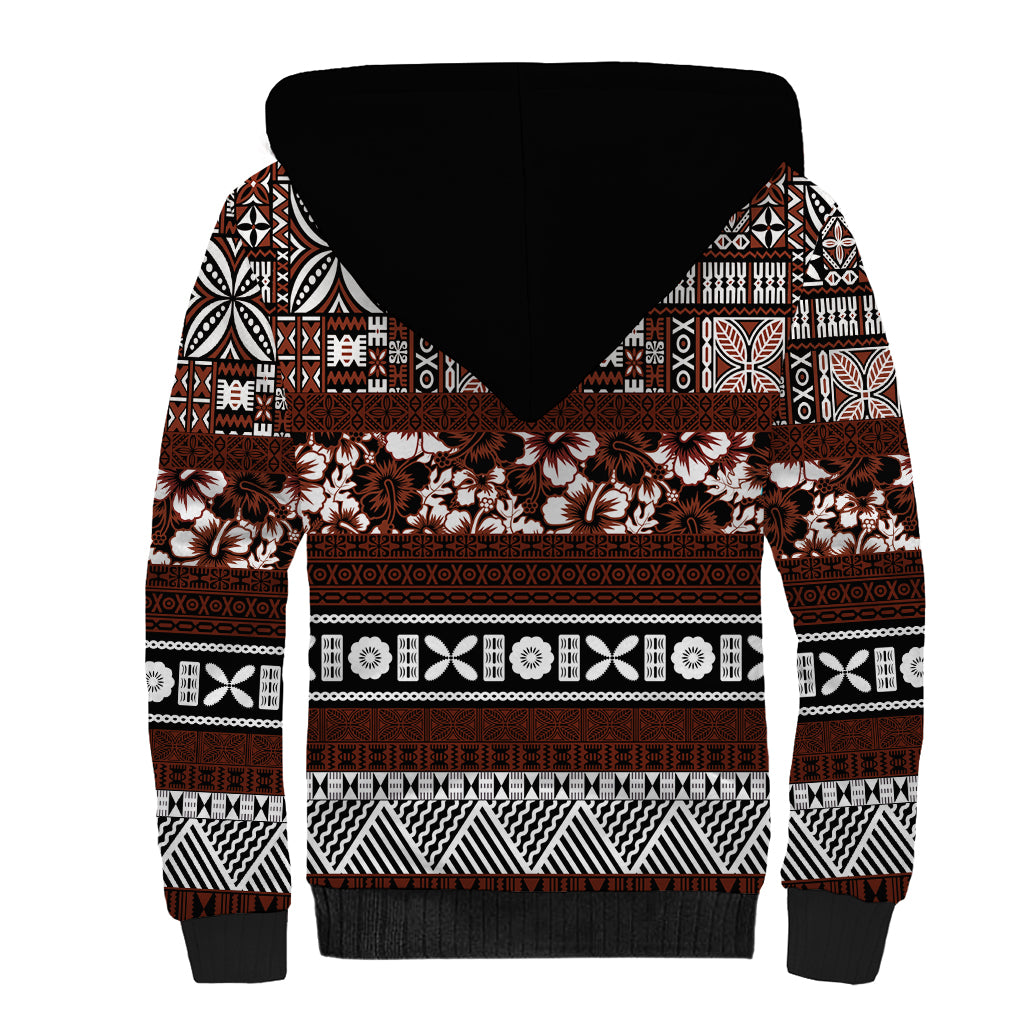 Bula Fiji Sherpa Hoodie Fijian Tapa Masi With Hibiscus Flowers LT14 - Polynesian Pride
