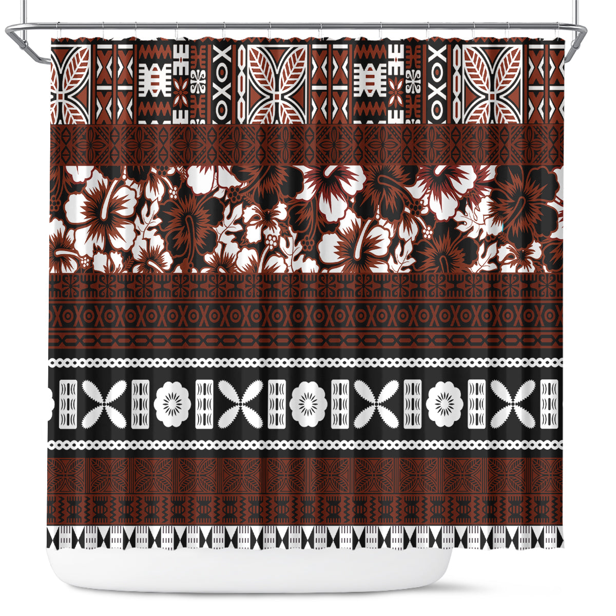 Bula Fiji Shower Curtain Fijian Tapa Masi With Hibiscus Flowers LT14 Brown - Polynesian Pride