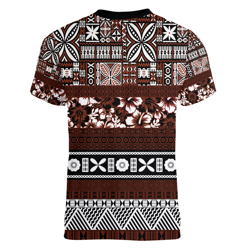 Bula Fiji Women V Neck T Shirt Fijian Tapa Masi With Hibiscus Flowers LT14 - Polynesian Pride