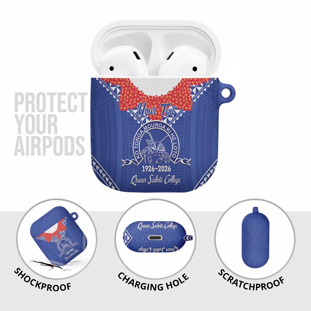 Queen Salote College 100 Years Personalized AirPods Case Tonga QSC Heilala Lei Blue Ngatu Pattern