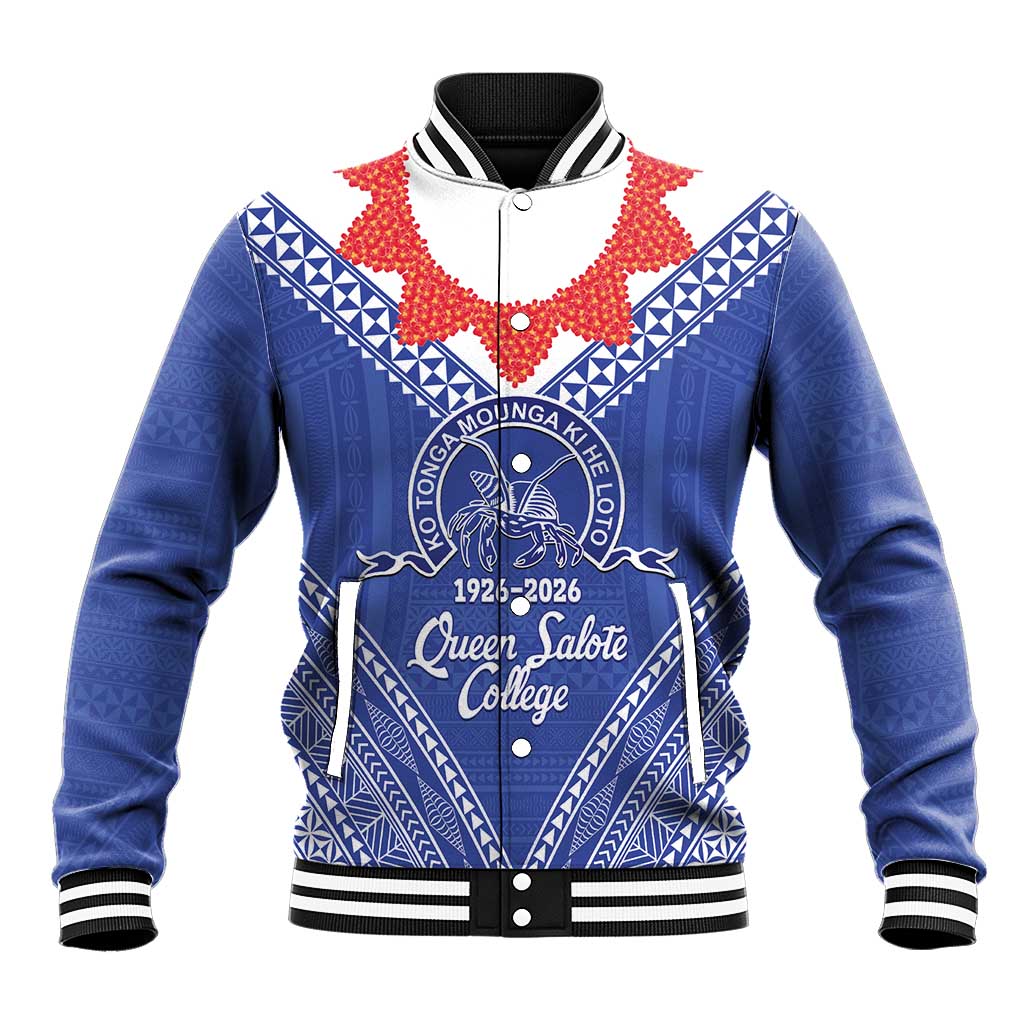 Queen Salote College 100 Years Personalized Baseball Jacket Tonga QSC Heilala Lei Blue Ngatu Pattern