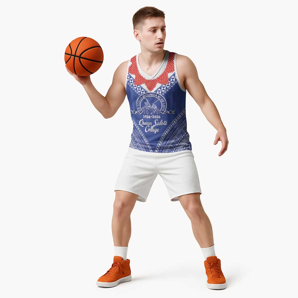 Queen Salote College 100 Years Personalized Basketball Jersey Tonga QSC Heilala Lei Blue Ngatu Pattern