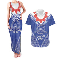 Queen Salote College 100 Years Personalized Couples Matching Tank Maxi Dress and Hawaiian Shirt Tonga QSC Heilala Lei Blue Ngatu Pattern LT14 Blue - Polynesian Pride