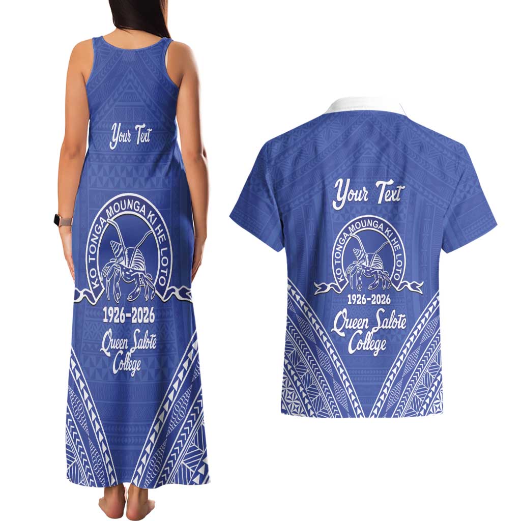 Queen Salote College 100 Years Personalized Couples Matching Tank Maxi Dress and Hawaiian Shirt Tonga QSC Heilala Lei Blue Ngatu Pattern LT14 - Polynesian Pride