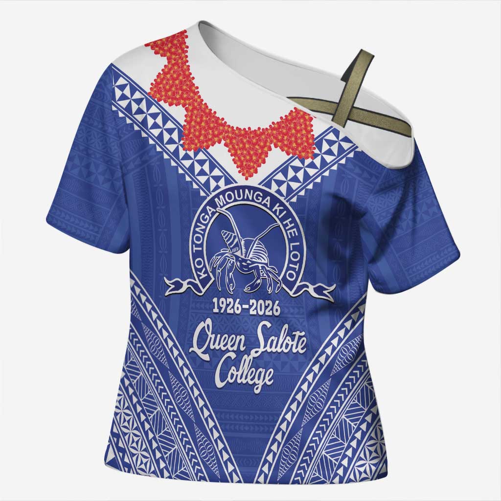 Queen Salote College 100 Years Personalized Cross Shoulder Shirt Tonga QSC Heilala Lei Blue Ngatu Pattern