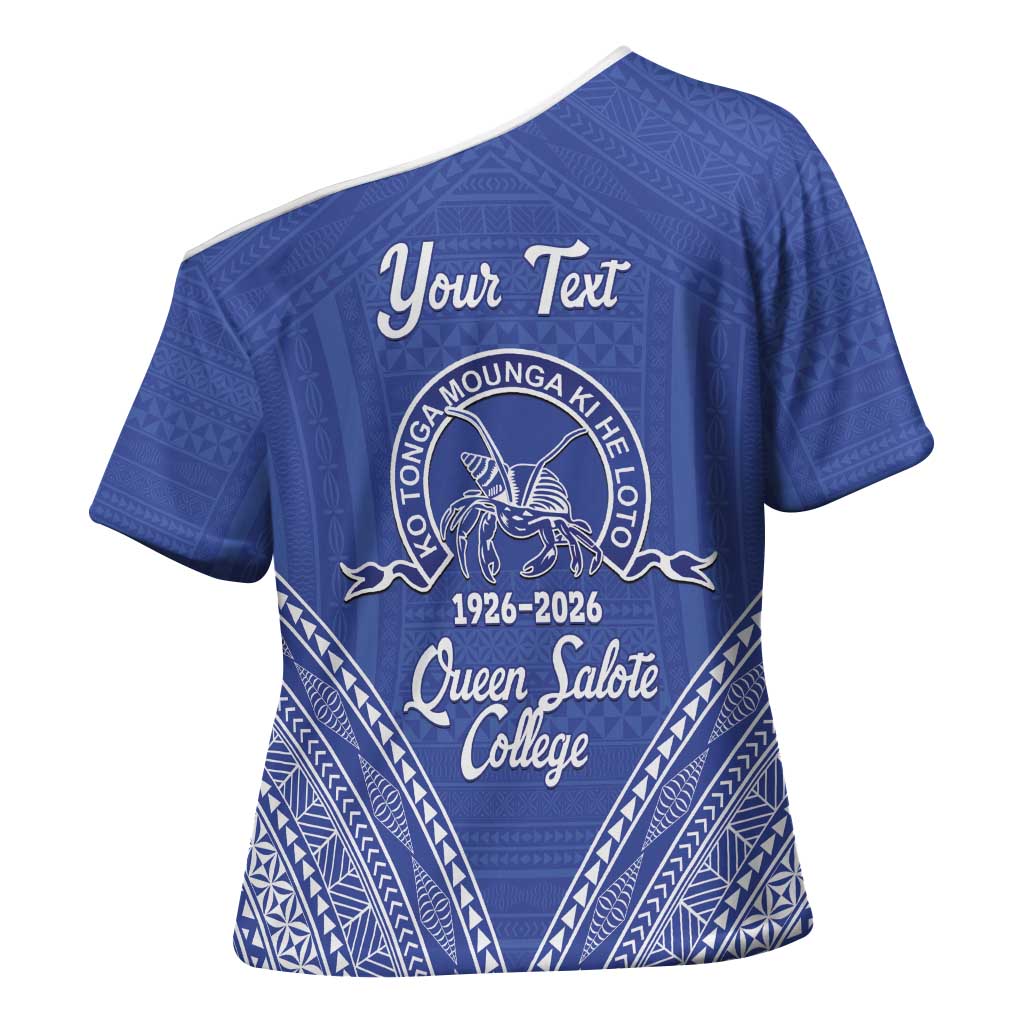Queen Salote College 100 Years Personalized Cross Shoulder Shirt Tonga QSC Heilala Lei Blue Ngatu Pattern