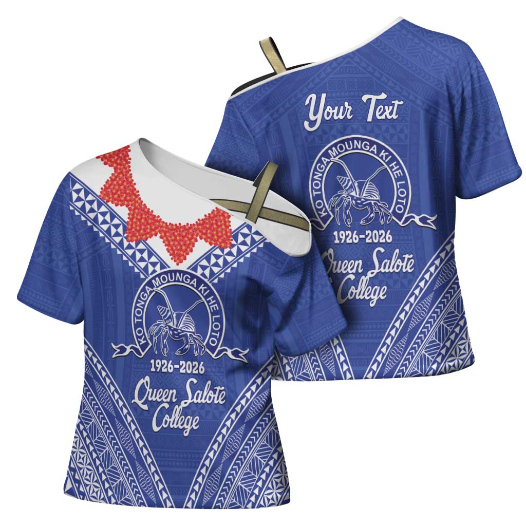 Queen Salote College 100 Years Personalized Cross Shoulder Shirt Tonga QSC Heilala Lei Blue Ngatu Pattern