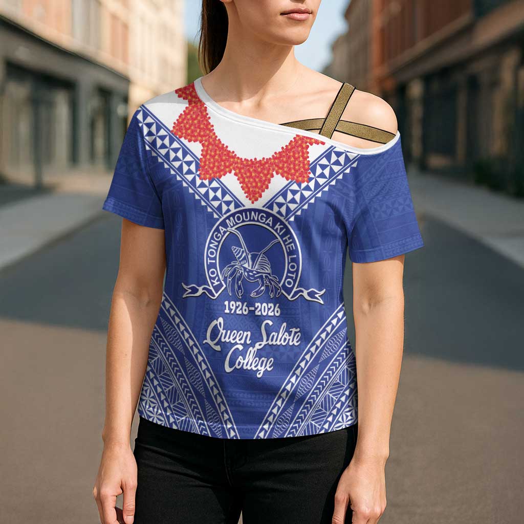 Queen Salote College 100 Years Personalized Cross Shoulder Shirt Tonga QSC Heilala Lei Blue Ngatu Pattern