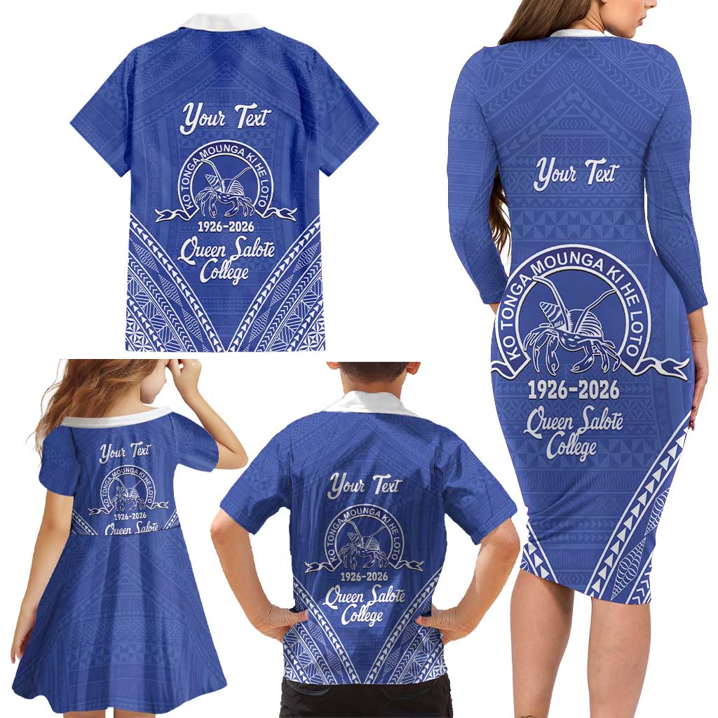 Queen Salote College 100 Years Personalized Family Matching Long Sleeve Bodycon Dress and Hawaiian Shirt Tonga QSC Heilala Lei Blue Ngatu Pattern LT14 - Polynesian Pride