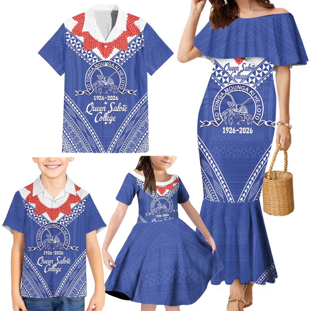 Queen Salote College 100 Years Personalized Family Matching Mermaid Dress and Hawaiian Shirt Tonga QSC Heilala Lei Blue Ngatu Pattern LT14 - Polynesian Pride