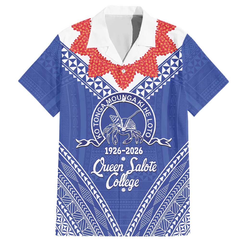 Queen Salote College 100 Years Personalized Family Matching Off The Shoulder Long Sleeve Dress and Hawaiian Shirt Tonga QSC Heilala Lei Blue Ngatu Pattern LT14 Dad's Shirt - Short Sleeve Blue - Polynesian Pride