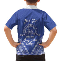 Queen Salote College 100 Years Personalized Family Matching Off Shoulder Maxi Dress and Hawaiian Shirt Tonga QSC Heilala Lei Blue Ngatu Pattern LT14 - Polynesian Pride