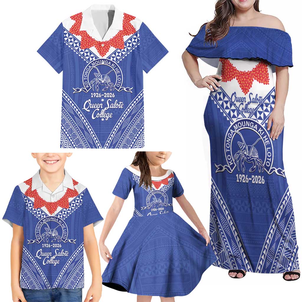 Queen Salote College 100 Years Personalized Family Matching Off Shoulder Maxi Dress and Hawaiian Shirt Tonga QSC Heilala Lei Blue Ngatu Pattern LT14 - Polynesian Pride