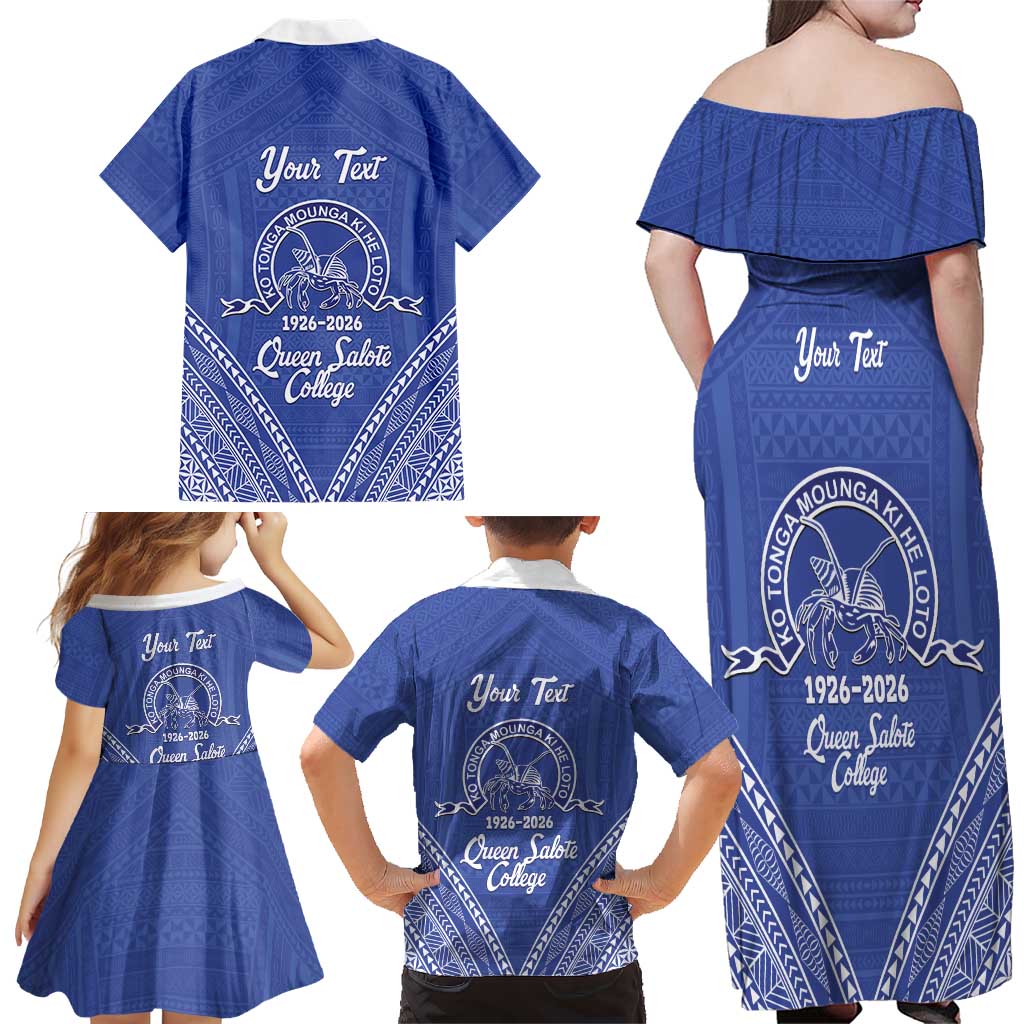 Queen Salote College 100 Years Personalized Family Matching Off Shoulder Maxi Dress and Hawaiian Shirt Tonga QSC Heilala Lei Blue Ngatu Pattern LT14 - Polynesian Pride
