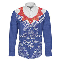 Queen Salote College 100 Years Personalized Family Matching Off Shoulder Maxi Dress and Hawaiian Shirt Tonga QSC Heilala Lei Blue Ngatu Pattern LT14 Dad's Shirt - Long Sleeve Blue - Polynesian Pride