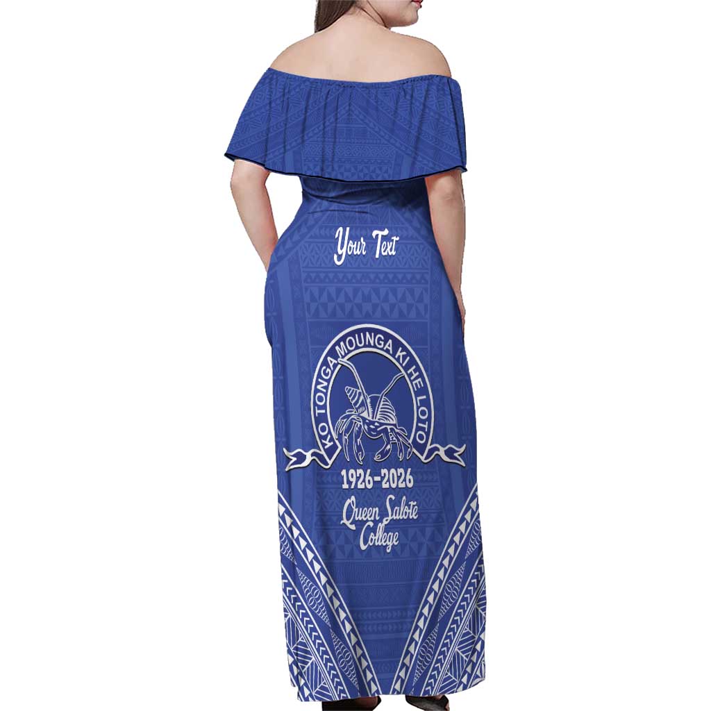 Queen Salote College 100 Years Personalized Family Matching Off Shoulder Maxi Dress and Hawaiian Shirt Tonga QSC Heilala Lei Blue Ngatu Pattern LT14 - Polynesian Pride