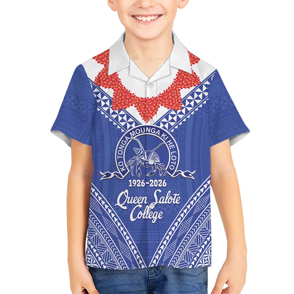 Queen Salote College 100 Years Personalized Family Matching Off Shoulder Maxi Dress and Hawaiian Shirt Tonga QSC Heilala Lei Blue Ngatu Pattern LT14 Son's Shirt Blue - Polynesian Pride