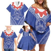 Queen Salote College 100 Years Personalized Family Matching Off Shoulder Short Dress and Hawaiian Shirt Tonga QSC Heilala Lei Blue Ngatu Pattern LT14 - Polynesian Pride