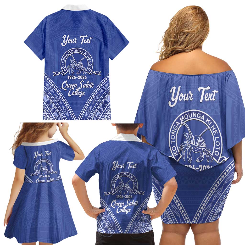 Queen Salote College 100 Years Personalized Family Matching Off Shoulder Short Dress and Hawaiian Shirt Tonga QSC Heilala Lei Blue Ngatu Pattern LT14 - Polynesian Pride