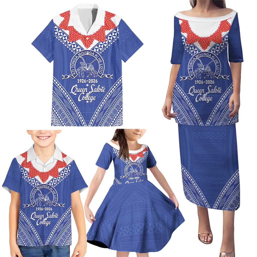 Queen Salote College 100 Years Personalized Family Matching Puletasi and Hawaiian Shirt Tonga QSC Heilala Lei Blue Ngatu Pattern