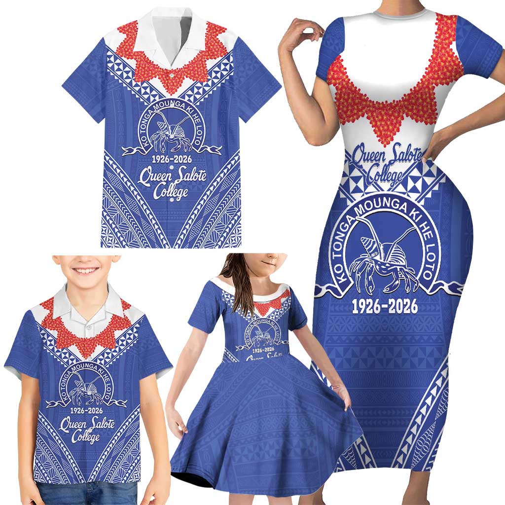 Queen Salote College 100 Years Personalized Family Matching Short Sleeve Bodycon Dress and Hawaiian Shirt Tonga QSC Heilala Lei Blue Ngatu Pattern LT14 - Polynesian Pride