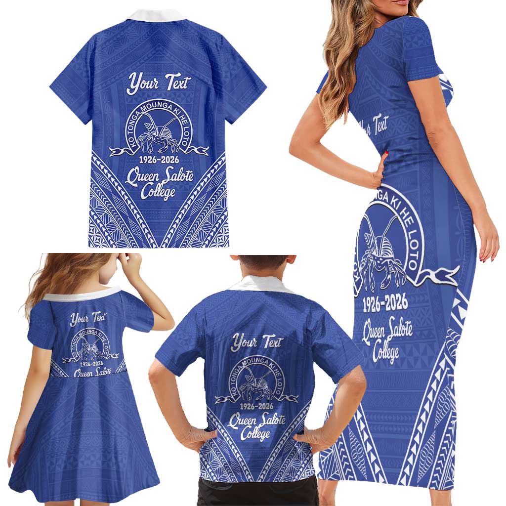 Queen Salote College 100 Years Personalized Family Matching Short Sleeve Bodycon Dress and Hawaiian Shirt Tonga QSC Heilala Lei Blue Ngatu Pattern LT14 - Polynesian Pride