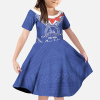 Queen Salote College 100 Years Personalized Family Matching Summer Maxi Dress and Hawaiian Shirt Tonga QSC Heilala Lei Blue Ngatu Pattern LT14 Daughter's Dress Blue - Polynesian Pride
