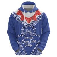 Queen Salote College 100 Years Personalized Hoodie Tonga QSC Heilala Lei Blue Ngatu Pattern