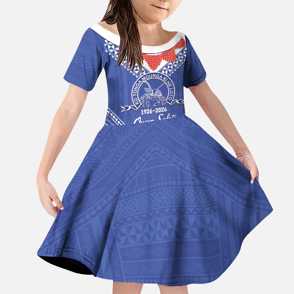 Queen Salote College 100 Years Personalized Kid Short Sleeve Dress Tonga QSC Heilala Lei Blue Ngatu Pattern